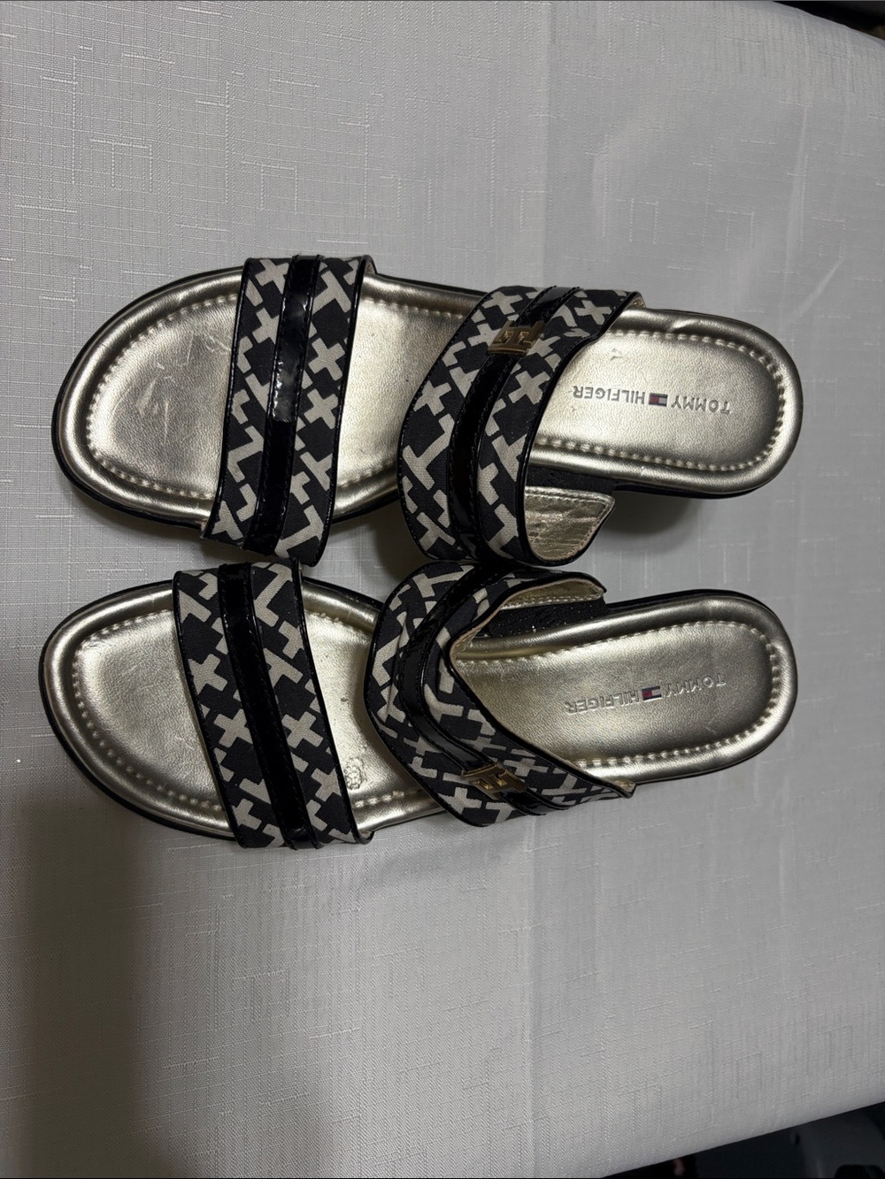 Tommy Hilfiger Black & Silver Patterned Double-Strap Slides